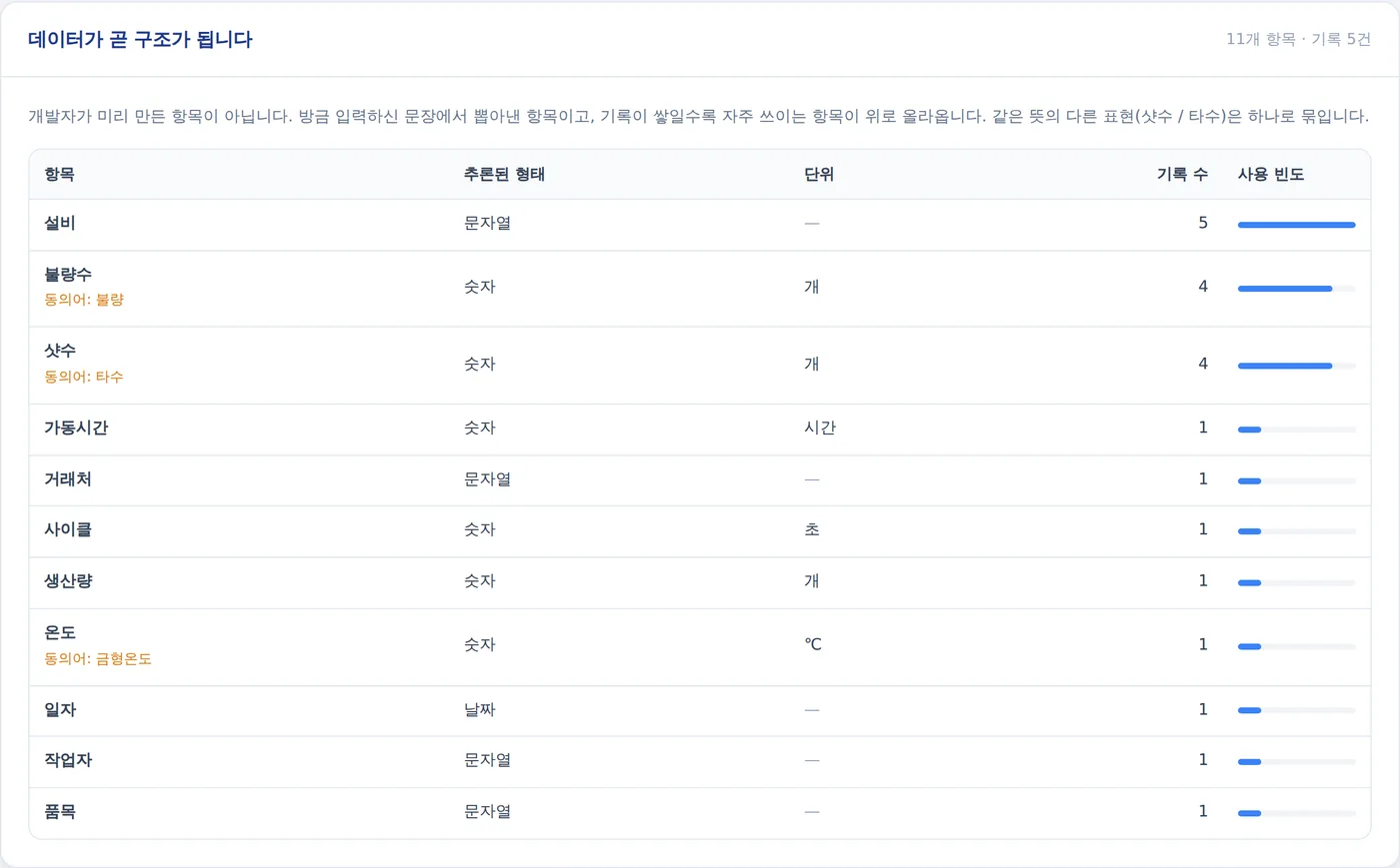 입력된 문장에서 추출된 11개 항목과 추론된 형태·단위·사용빈도를 보여주는 스키마 표